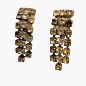 Vintage Silver Tone Rhinestone Dangle Clip On Earrings